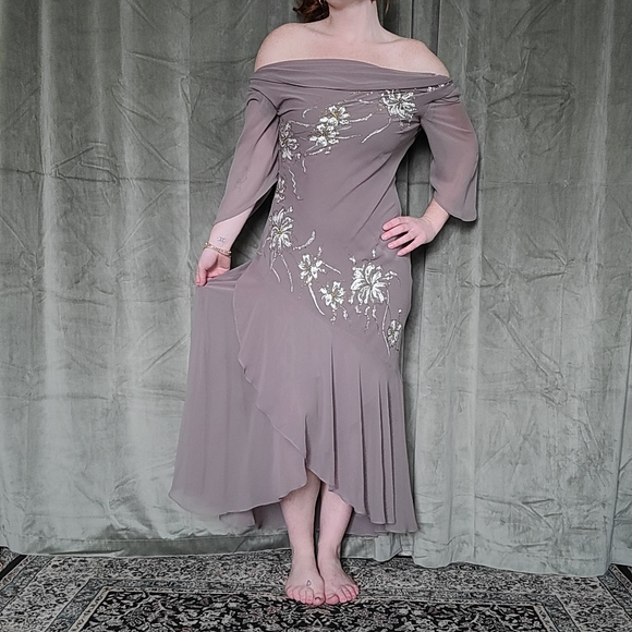 Vintage Dresses & Skirts - y2k Fairy Boho Regency Whismy Off The Shoulder Brown Embriodered Cocktail Dress